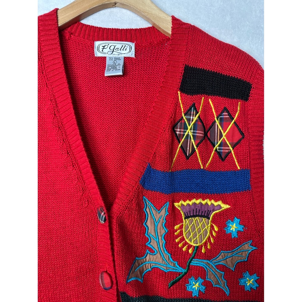 Vintage P. Galli Designs Red Tartan Argyle‎ Thistle Embroidered Knit Vest L